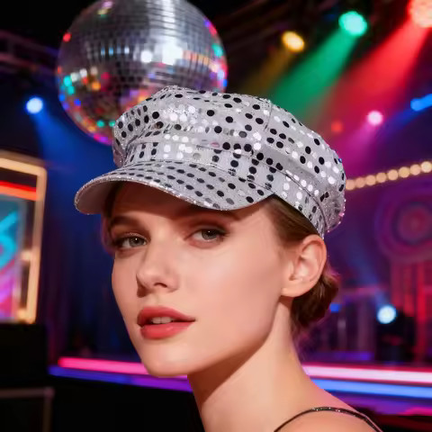 Retro 70s 80s Disco Sequin Hat – Vintage Octagonal Performance Cap