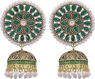 Bollywood Jewellery Traditional Ethnic Bridal Bride Wedding Bridesmaid Gold-Plated Embelished Green Kundan and Faux Pearl Jhumka Earrings