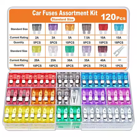 120Pcs Standard Fuse Kit,Blade Fuses ATO ATC (2Amp 3A 5A 7.5A 10A 15A 20A 25A 30A 35A 40A) for Truck
