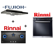 FUJIOH FR-MS1990R 90CM SLIMLINE HOOD + RINNAI RB-3CGN 3 BURNER INNER FLAME GLASS HOB + RINNAI RO-E6208TA-EM 70L BUILT-IN OVEN