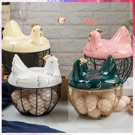 ✌[Stock] Large Stainless Steel Mesh Wire Egg Storage Basket with Ceramic Farm Chicken Top and Handle