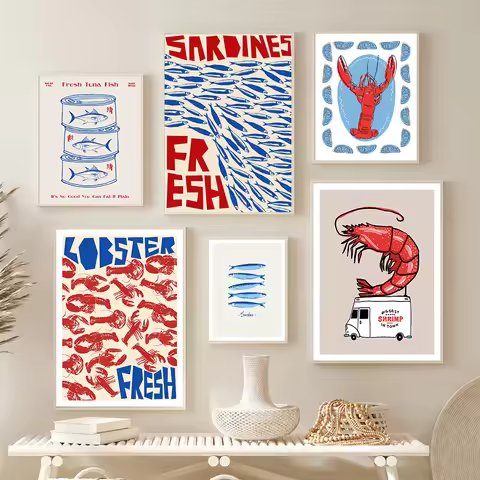 Kitchen Dining Room Poster Retro Shrimp Tuna Fish Sardines Red Lobster Wall Art Print Decor Wall Han