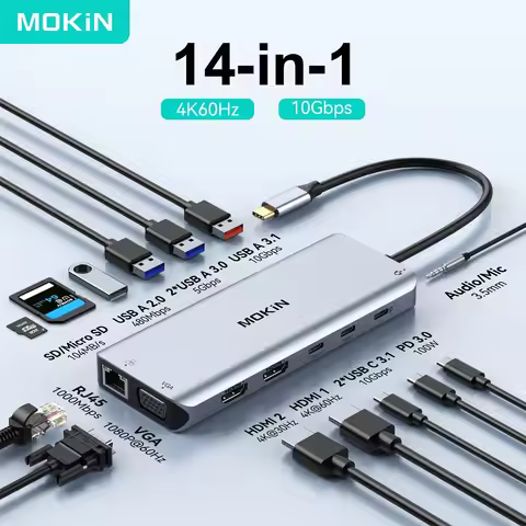 MOKiN USB C HUB Type C 4K@60Hz HDMI Hub,VGA 3USB 3.1 10Gbps PD RJ45 SD/TF Docking Station For MacBoo