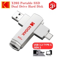 KODAK X203 USB 3.2 Type C Hard Disk External 256GB/512GB/ Portable SSD Hard Disk/ Hard Drive Externa
