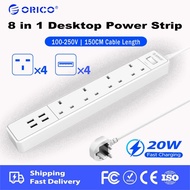 ORICO UK Plug 8 in 1 Desktop Power Strip 1.5M Extension Socket with 20W USB Charging Extension Outle