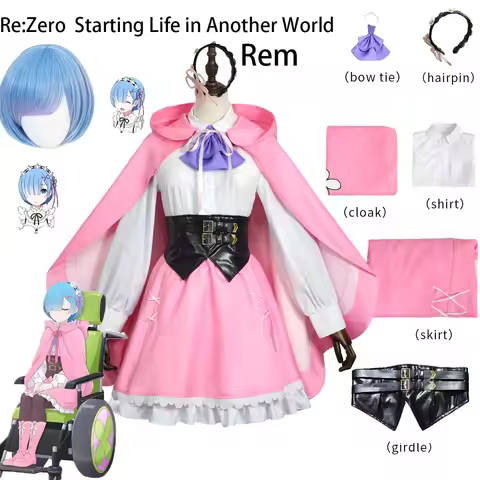 Rem Re:Zero Cosplay Pink Cloak Dress Full Set Blue Wig Hairpin Bow Tie Anime Halloween Carnival Part