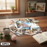 Italian 32pcs Town Watercolor Pattern Postcards, Thick Cardstock, HD Print, Decorative Souvenirs