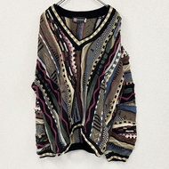 2000 年代復古款 Tundra Coogi 風格 3D 針織棉質毛衣，V 領，全身印花。顏色。 L 碼。