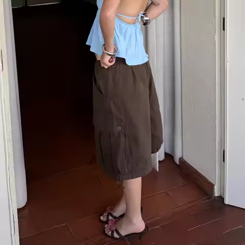 Women’s Summer y2k Vintage Denim Cargo Shorts Drawstring Harajuku Loose Knee Length Jean Baggy Short