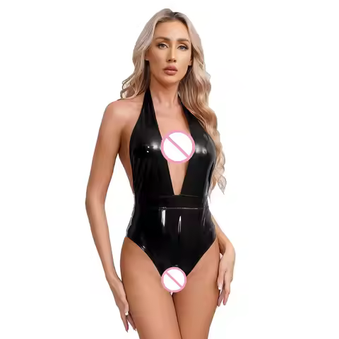 Womens Wet Look Patent Leather Bodysuit Halter Deep V Neck Crotchless Leotard Backless Sleeveless Ca