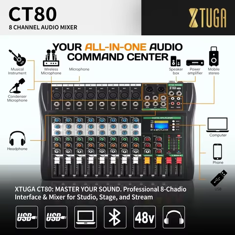 XTUGA CT6/8/12/16 Digital Mixer Professional Audio Mixer 99bit dps Reverb Chip Bluetooth USB MP3 for