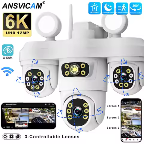 Outdoor 6K 12MP WiFi IP Camera 3 Controllable PTZ Lens Color Night Vision Human Detection 2-way Audi