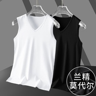 Cotton Vest Men Trendy Solid Color White Fitness Basketball Sports Waistcoat V-Neck Ice Silk Sleevel