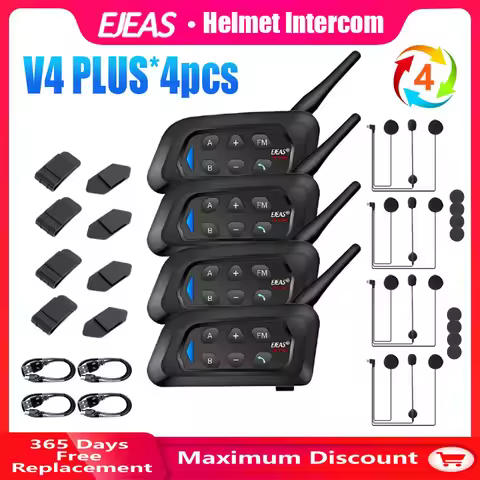 EJEAS 4PCS V4 Plus Motorcycle Helmet Intercom Bluetooth Headset Wireless Full Duplex Waterproof FM R
