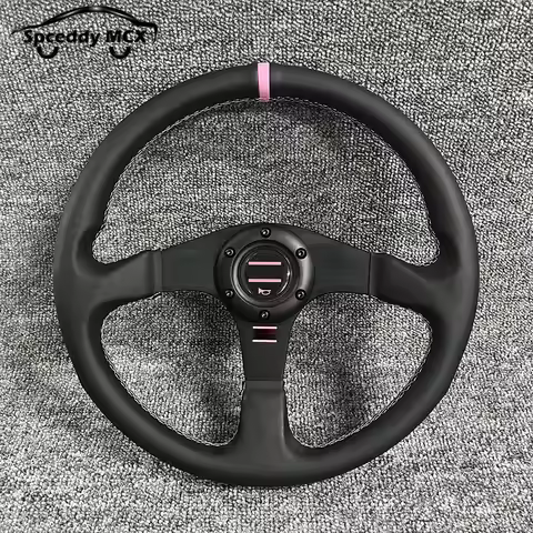 JDM Pink OM Real Leather 14inch 350mm Sports Racing Steering Wheel Universal Car Flat PCD 70MM