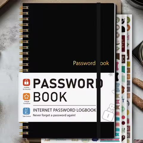 A5 Password Book with Spiral Binding, Elastic Band & Stickers, Website Username Password Log Noteboo