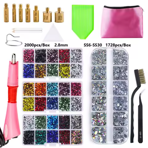 QIAO Hot Fix Rhinestones Set EU/US PLUG Hotfix Applicator 7 Tips Iron-on Crystal Glass Rhinestone St