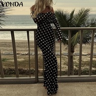 ชุดเดรสผู้หญิง VONDA แฟชั่นลายจุดชุดเดรสยาว Sundress แขนเปิดไหล่ยาวสำหรับงานปาร์ตี้พรหม