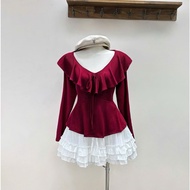 Women's Big Size Set Long Sleeve T-shirt with Bow Collar + Pleated Skirt - Covers Belly, Slim Thighs