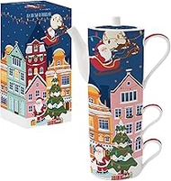 Easy Life Tea Pot 50cl + 2 Breakfast Cups 240ml Stackable Porcelain Santa in Town