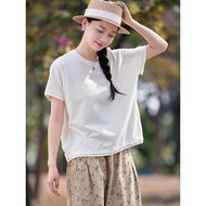 Gujia Han Linen Organic Cotton Short Sleeve T-Shirt - Loose Fit with Lace Hem