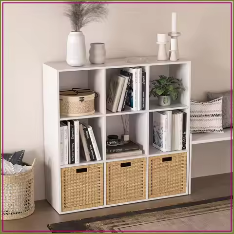Wooden 9 Cube Storage Organizer White Closed Back Panel Cubby Shelf for Living Room Bookshelf 13in