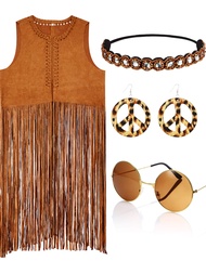 Women Hippie Costume Fringe Vest Faux Suede Tassel Vest for Carnival Halloween Cosplay Party