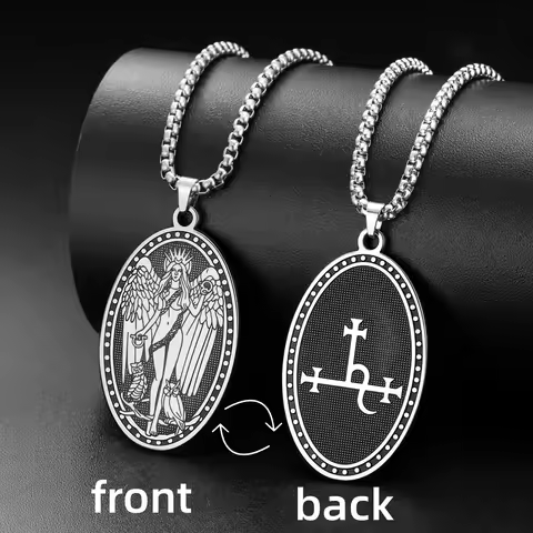 Double Sided Oval Lilith Sigil Necklace Stainless Steel Winged Goddess Lilith Pendant Occult Wiccan 