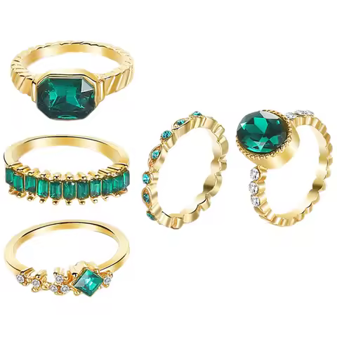 5 Pcs Retro Green Rhinestone Geometric -piece Set (hs638) Knuckle Rings Finger for Women Jewelry All