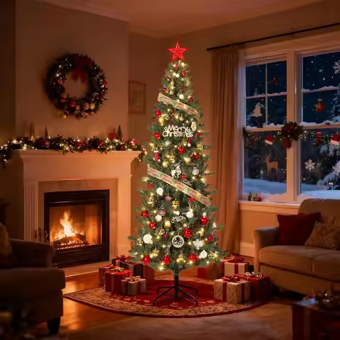 Tacleekii 4.5FT -9 FT Artificial Christmas Tree with Lights 9 Adjustment Modes Prelit Pencil Tree fo