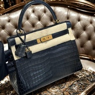 【精選天菜】HERMES 28CM KELLY 霧面 黑金 兩點鱷 鱷魚皮