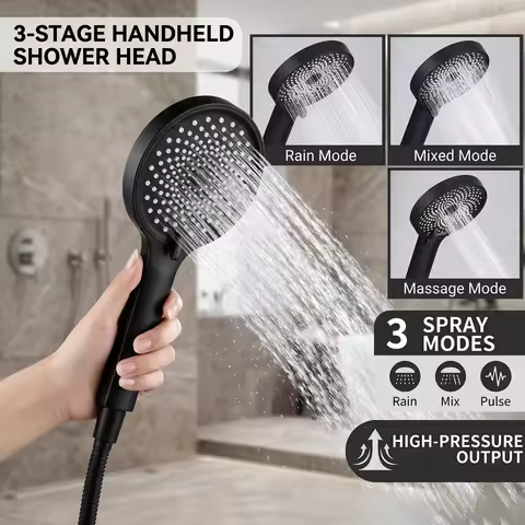 Shower Handheld Head High Pressure Handheld Shower Head with 3 Spray Modes, Black Multi-Function Boo