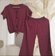 Anne Blouse and Pants terno. Plain with tie lace and botton. challis fabric bottondown blouse and sq