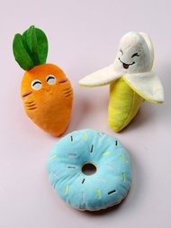 3件套毛絨香蕉胡蘿蔔甜甜圈笑臉寵物發聲玩具適合貓狗日常使用