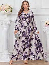 Vestido largo elegante con estampado floral de talla grande para primavera con cintura ajustada