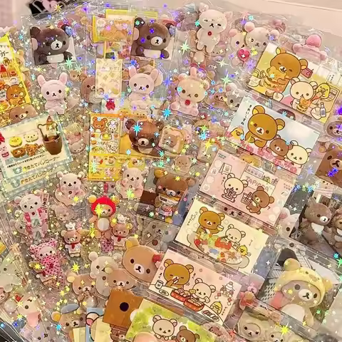 5pcs Hello Kitty Rilakkuma Cartoon Die-cutting Sticker Cute Kitty Cat Flashing Laser Stickers Anime 
