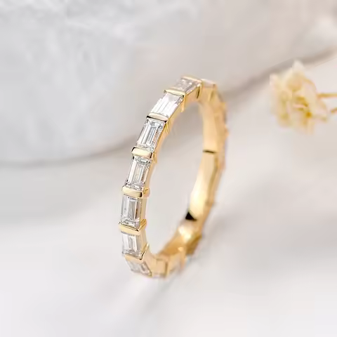 Solid Yellow Gold Lab Grown Diamond HPHT CVD Baguette Wedding Band for Women Anniversary Gift