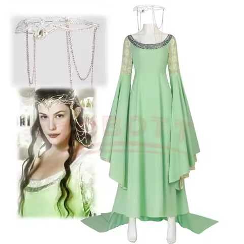 Anime Arwen Cosplay Green long Dresses Wide Sleeve Crown props Elven Princess Lady Costumes Hallowee