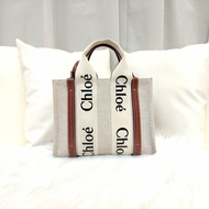 Chloe 蔻依 Woody 米色拼棕色 LOGO印花 帆布拼牛皮 小號 托特包