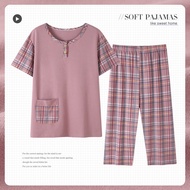 baju tidur perempuan baju set perempuan Ibu plus baju tidur pertengahan umur wanita musim panas kapa