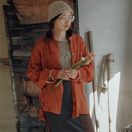 焦糖色 苧麻撞色長袖單排扣襯衫 百搭休閒翻領襯衫防曬外套