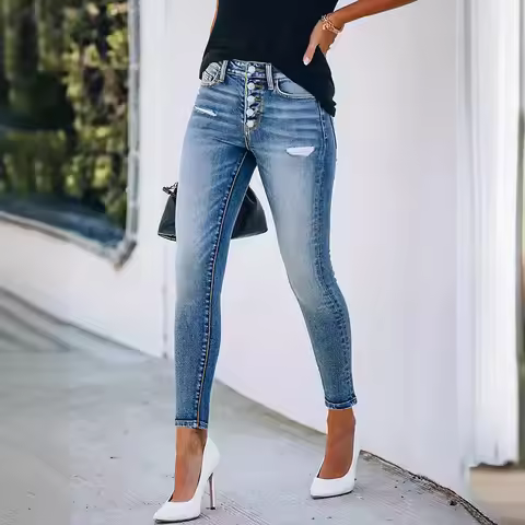 Bodycon Pencil Jeans Women Denim High Waist Trousers Row Buttons Holes Pants Y2j Streetwear Skinny F