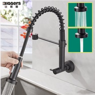 Biggers Brass Black Color Wall Mounted Kitchen Faucet Pull Out Sink Tap Cold Water Only