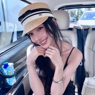 Wheat Straw Equestrian Hat Femalefrench styleBow Straw Hat Flat Top Sunshade Top Hat