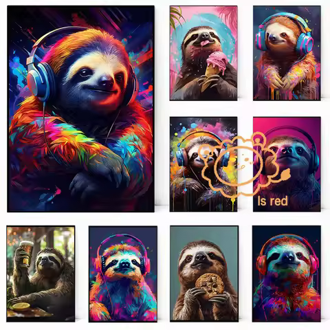 Sloth Poster Funny Sloth DJ Sloth With Headphones Eating Ice Cream Canvas printing Home room wall de