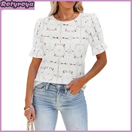 Miueto Fluffy Short Sleeve Blouse Embroidered Top Lace Hollow Short Sleeve Top for Women Loose Fit S