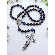 Catholic Saint Joseph Rosary Black Ebony Wood Lapis Lazuli 2 Tone Clover Leaf Crucifix  Men Rosary C