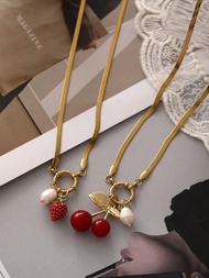 1pcY2K Creative Fashion Elegant Gorgeous Faux Pearl Cherry Strawberry Titanium Steel Snake Bone Chai