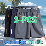 3-PCS Flash Sale Sports Shorts Capris Casual Mens 2025 New Ice Silk Quick Dry Loose Pants Fashion Be