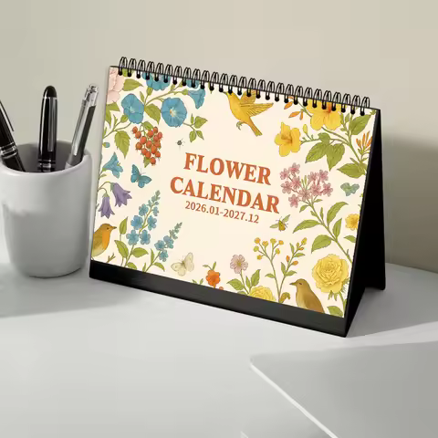 1pc Hand Drawn Floral Calendar 2026-2027,24-Month Monthly Planner,Desktop Calendar,Perfect Gift for 